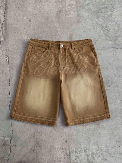 AXEPEAK Men's Washed Khaki Letter Print Pocket Denim Shorts