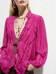 Aveloria Modichic Olive Green Pleated Women's Blouse, Lightweight Linen-Like Fabric, Layered Ruffle Design, Puff Sleeve, Vintage French Style, Loose Fit, Romantic Vacation, Ruffle Blouse, Statement Sleeve, Quiet Luxury, Romantic Core, Vintage Revival, Suitable For Commuting, Casual, Dating, Urban Street Style, Versatile For Multiple Occasions - Hot Pink - View 4
