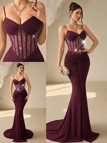 Coutiva Vestido de noche formal de mujer con tirantes de espagueti, bajo de cola de sirena y malla con strass - Burdeos - Ver 1