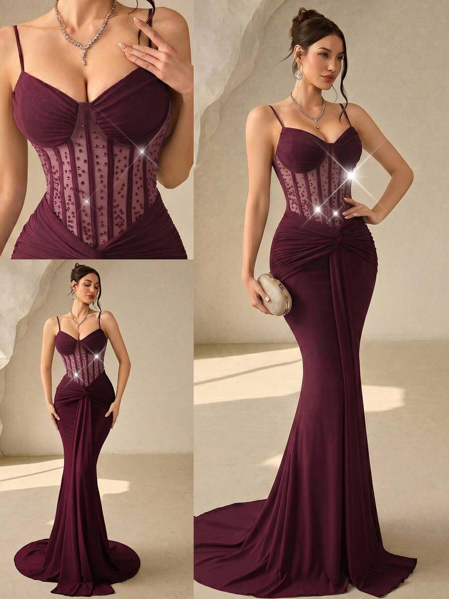 Coutiva Vestido de noche formal de mujer con tirantes de espagueti, bajo de cola de sirena y malla con strass - Burdeos - Ver 1