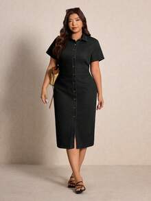 Elaquor Plus Size Women's Short Sleeve Single-Breasted Casual Denim Dress - Black - View 7