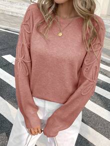 Serisse Women's Autumn/Winter Casual Solid Color Hand-Knit Flower Sweater - Dusty Pink - View 3