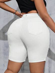 SHEIN Tall CURVE Celana Pendek Denim Wanita Ukuran Besar Tinggi dengan Saku, Potongan Ramping, Kasual, Longgar, Serbaguna, Formal, untuk Acara Keluar, Warna Putih, Musim Panas - Putih - View 2