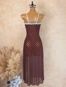 Bellisia 2026 Latest Fashion Beach Cover-Up Dress, Sexy Elegant Influencer Style, Blue Ruffle Trim With Coffee Base And Blue Polka Dot, High Slit Spaghetti Strap Long One-Piece Vacation Cover-Up - Multicolor - View 2