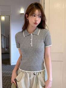 DAZY 女款拼色休閒百搭日常穿著針織上衣 夏季 - 灰色 - 查看 6