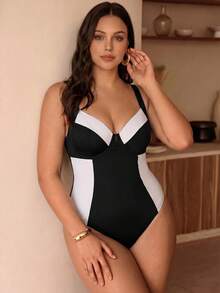 Swim Chiccia 大尺碼女款拼色時尚性感連身泳衣，度假適用 - 黑與白 - 查看 5