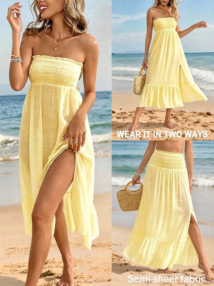 Swim Vcay Women's Solid Color Pleated 2-Way Wear Cover-Up - Light Yellow - View 1