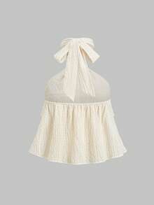 Sunnyshic Camisa de mujer con textura, hebilla metálica, volantes, cuello halter y lazo para vacaciones - Albaricoque - Ver 2