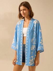 CAJUNI 女款波西米亞熱帶花卉黑色印花寬鬆和服式罩衫，度假海灘穿搭 - 淺藍色 - 查看 7