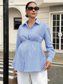 MaterniWear Women's Maternity Blue And White Striped Long-Sleeve Button-Front Shirt (Autumn) Social Blouse Fall - Blue - View 9