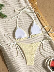 Swim Mod 2026新款女款夏季海灘度假可愛女孩純色特殊紋理面料串珠細肩帶掛脖海星裝飾露背側綁蝴蝶結三角比基尼泳衣套裝 - 黃色 - 查看 2
