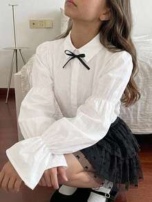 DAZY 可愛蝴蝶結裝飾對比色長袖喇叭袖口設計青少年女孩上衣 - 白色 - 查看 6