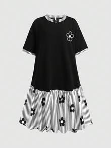 SHEIN Teen Girl Kids Preppy Style Patchwork Dress, Black Knit Black And White Striped Collar, Bottom Part Patchwork Striped Pleated Skirt Echoes The Top, Overall Style Fresh And Youthful, Suitable For Daily Commute Or Casual Wear - Black - View 6