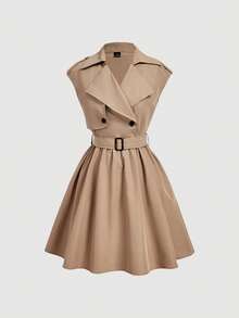 SHEIN MOD Women's Summer Casual Elegant French Commute Everyday Belted Short Dress Khaki Fall Summer Festival  Back To School - Khaki - View 2