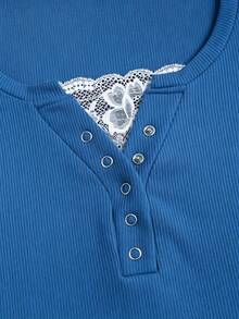 Sweetra Streetwear Women's Half-Open Cuff Eyelet Decor Lace 2 In 1 Short Sleeve Solid Color T-Shirt - Royal Blue - View 4