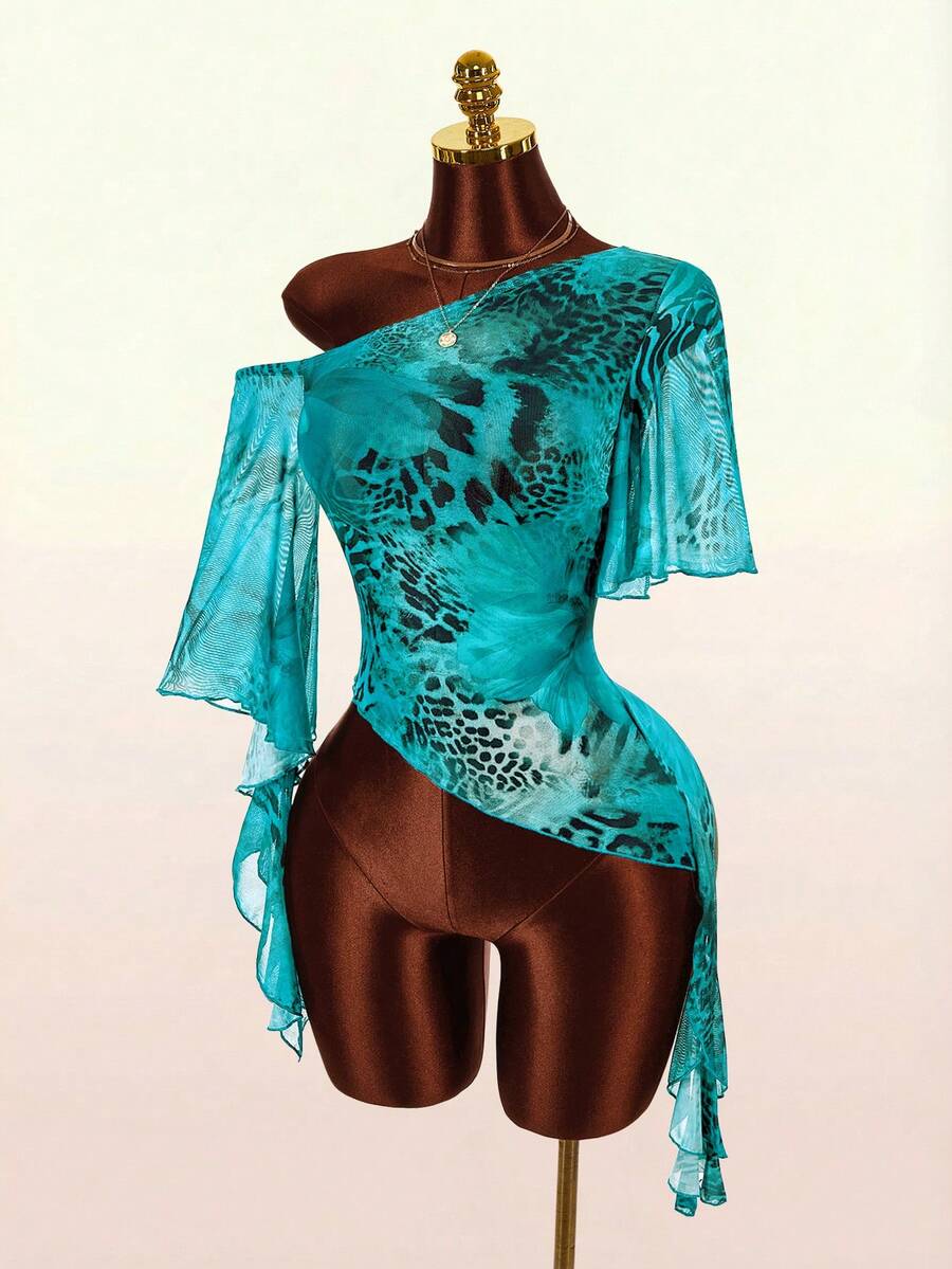 Amplova Leopard Print Asymmetrical Shoulder Ruffle Trim Women's Autumn Top T-Shirt Party Club Black And White Leopard Print Sexy - Blue - View 1