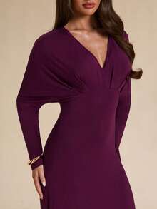SHEIN BAE Autumn/Winter Solid Purple Deep V-Neck Long Sleeve Fitted Slim Long Knit Dress - Purple - View 4