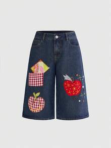Sweetness Handmade Girls Apple Embroidery Button Decor Low Waist Denim Shorts Women's Jeans - Medium Wash - View 10