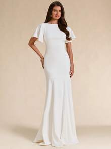 SHEIN BAE Autumn/Winter Solid White Short Sleeve Slim Fit Extra Long Elegant Dress - White - View 1
