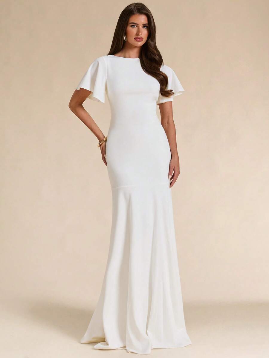 SHEIN BAE Autumn/Winter Solid White Short Sleeve Slim Fit Extra Long Elegant Dress - White - View 1