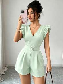 SHEIN Clasi Women's New Woven Black V-Neck Flutter Sleeve Metal Button Waist Cinched Casual Commute Jumpsuit - Green - View 3