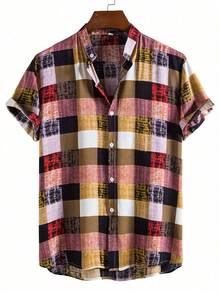 Manfinity Homme Camisa de manga corta con cuello alto y abotonadura sencilla a cuadros para hombre (corte aleatorio) - Multicolor - Ver 1