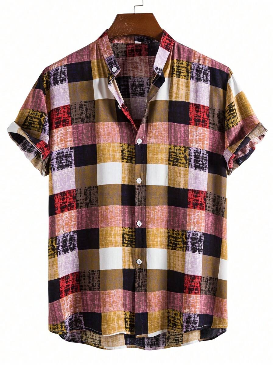 Manfinity Homme Camisa de manga corta con cuello alto y abotonadura sencilla a cuadros para hombre (corte aleatorio) - Multicolor - Ver 1