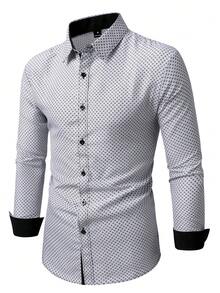 Manfinity Bizformal 男士商務時尚休閒印花鈕扣長袖襯衫，正式款 - 黑與白 - 查看 4