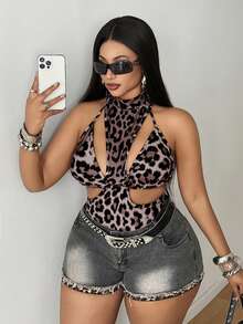 Maweii Sexy Charming Fashion Hollow Leopard Print Triangle Cup Plus Size Sleeveless Bodysuit Set, Suitable For Evening Date Outfit, Sexy Date Bodysuit, Hollow Bodysuit, Leopard Print Bodysuit - Brown - View 2
