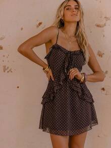 Aralina Vestido mini sexy de malla rosa con volantes y estampado animal para verano e invierno - Marrón - Ver 4