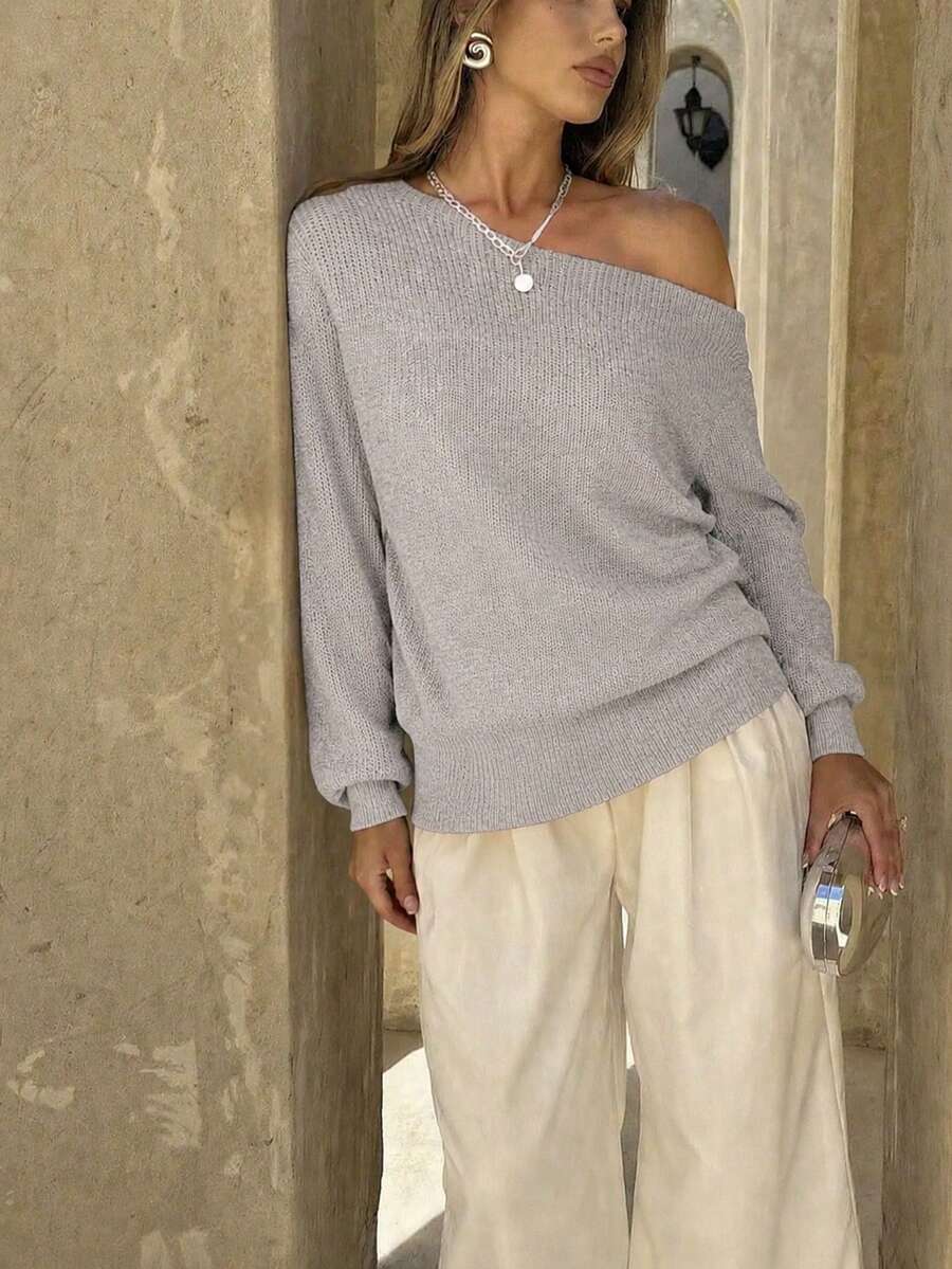 Siren Gaze Jersey de punto acanalado con cuello asimétrico, blusas de manga larga - Gris Claro - Ver 1