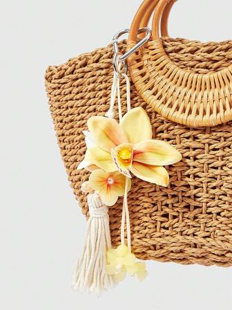 Fairycore Seaside Holiday Wind Gelbe Orchidee Muschel Tasche Hänger, Boho Fransen Schlüsselanhänger, Nischen Atmosphäre Taschenanhänger