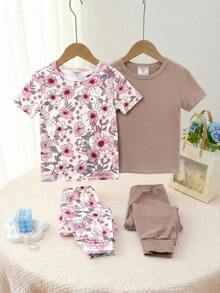 SHEIN 女童休閒簡約修身舒適圓領短袖長褲居家服套裝，4件套，適合春夏 - 卡其色 - 查看 4