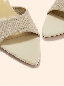 CUCCOO BASICS Ladies Knitted Apricot Stiletto Kitten Heel Sexy Mueller Slip-On Open Toe Toothed Tipped Breathable Summer Striped Women's Sandals Commuter - Apricot - View 3