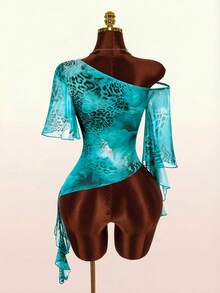 Amplova Leopard Print Asymmetrical Shoulder Ruffle Trim Women's Autumn Top T-Shirt Party Club Black And White Leopard Print Sexy - Blue - View 8
