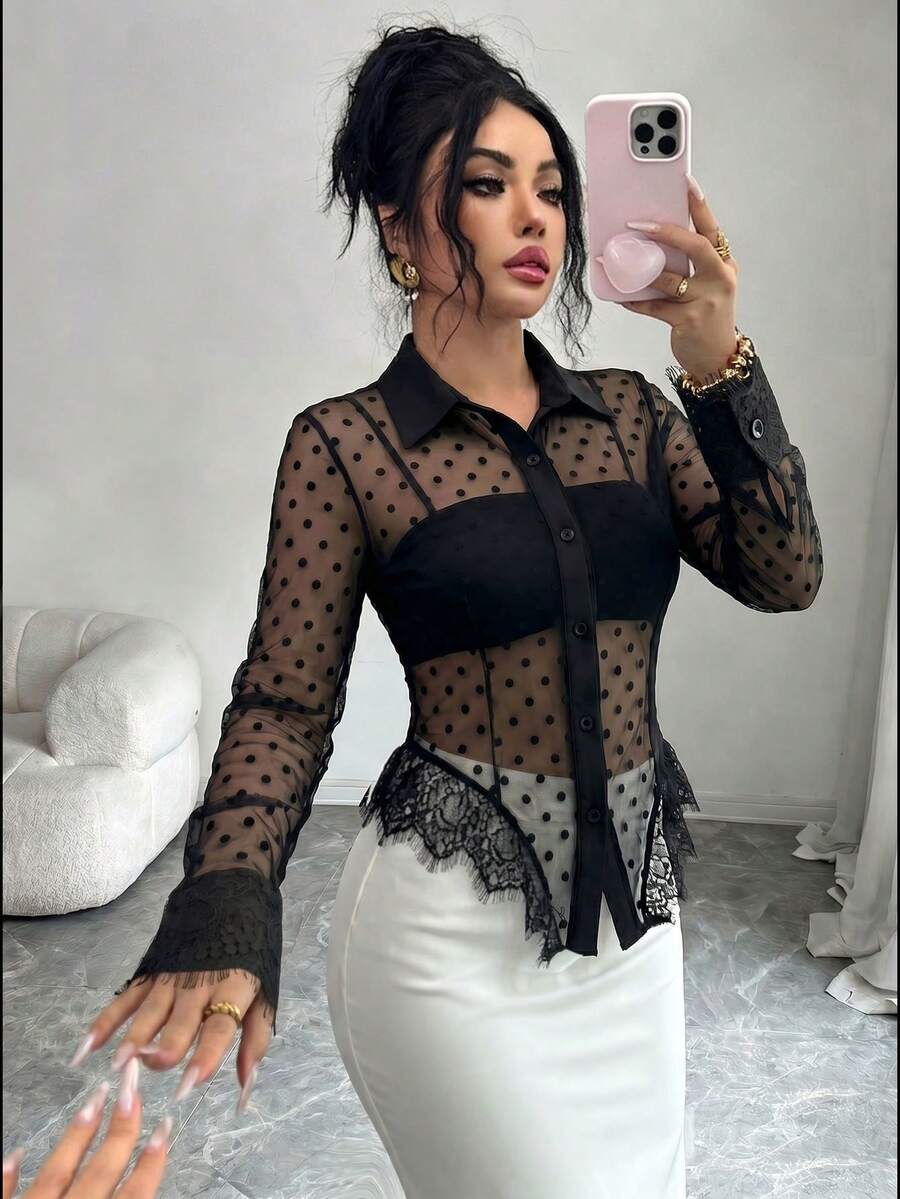 Selianne 女款性感波點蕾絲拼接單排扣透視上衣 - 黑色 - 查看 1