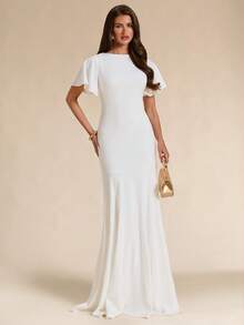 SHEIN BAE Autumn/Winter Solid White Short Sleeve Slim Fit Extra Long Elegant Dress - White - View 6