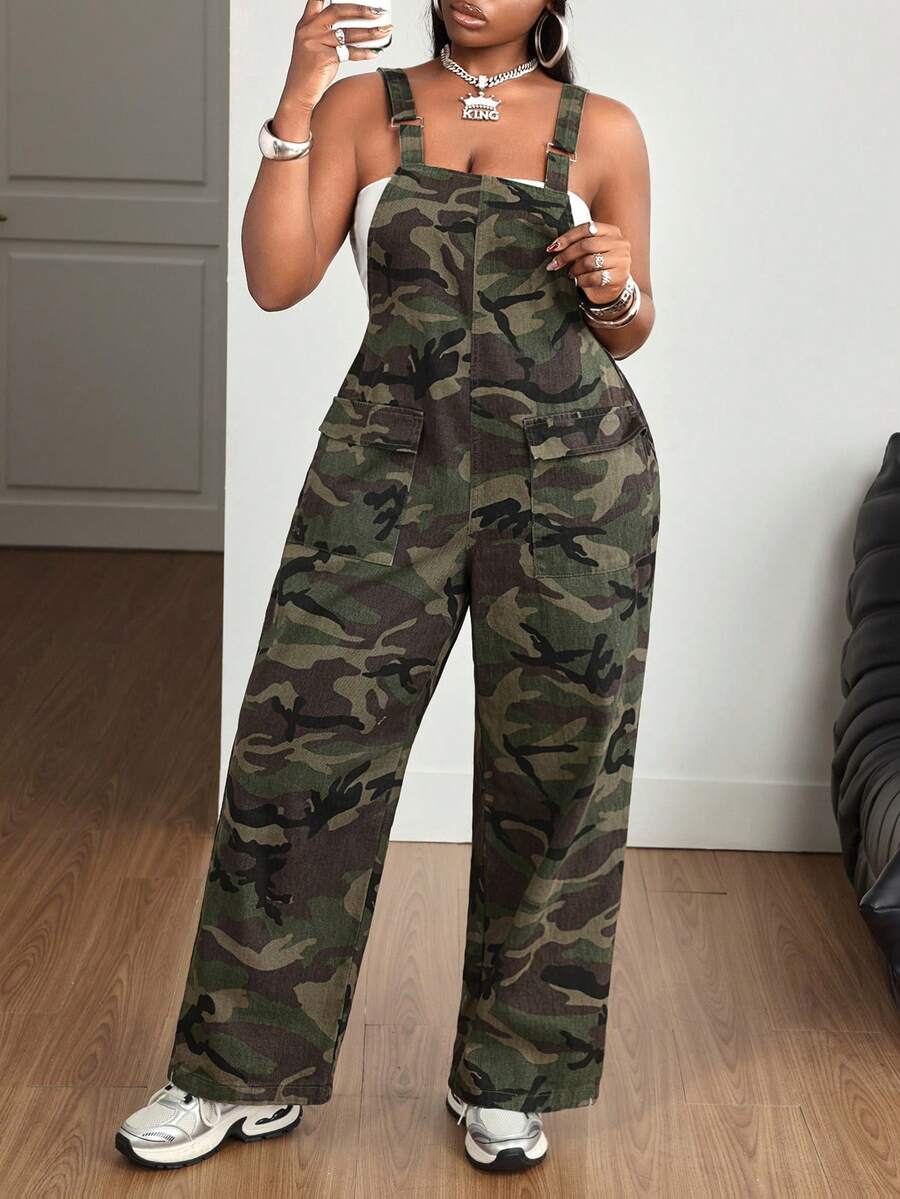 Jeanoix Plus Size Denim Camouflage Cargo Pocket Drawstring Jumpsuit Pants - Multicolor - View 1