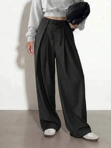 SHEIN PETITE Women's Casual Business Casual Black And White Striped Striped Trousers, High-Quality And Comfortable Texture, New Style For Summer And Autumn 2026 - Black - View 8
