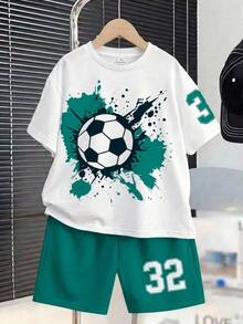 青少年男孩夏季足球運動潑墨印花簡約休閒短袖T恤與短褲 2件組 寬鬆舒適居家睡衣套裝 - 彩色 - 查看 3