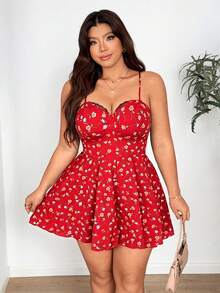Sunnyshic Plus-Size Sexy Off-Shoulder Resort Jumpsuit With Ditsy Floral - Red - View 2