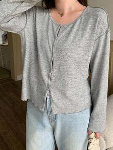Dazy Plus Solid Gray Round Neck Long Sleeve Contrast Trim Button Loose Casual Versatile T-Shirt Plus Size Women Autumn New Arrival - Grey - View 1