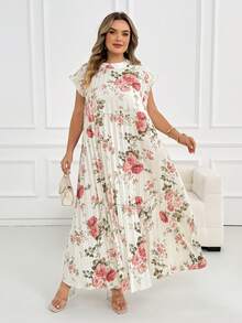 SHEIN CURVE+ فستان نسائي مقاس كبير مطبوع بنقوش بدون أكمام - لون مشمشي - مشاهدة 7