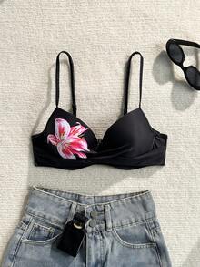 Swim Vcay 女款夏季黑色粉色花卉細肩帶性感海灘度假比基尼泳衣上衣 - 黑色 - 查看 3