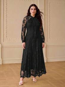 ZEYLAH Plus Size Elegant Romantic Bow Tie Loose A-Line Long Dress With Ribbon, Spring/Summer - Black - View 5