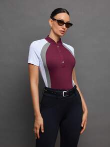 Activina Women's Contrast Color Button Half-Placket Raglan Sleeve Equestrian Top - Burgundy - View 4