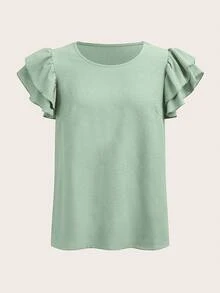 SHEIN LUNE 女款夏季休閒純色荷葉袖上衣 - 薄荷綠 - 查看 6