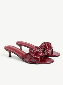 CUCCOO CHICEST 夏季新款酒紅色立體花條飾女款高跟涼拖鞋，圓頭中跟露趾設計，日常百搭舒適 - 2026油皮酒紅6# - 查看 1