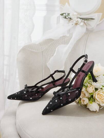 CUCCOO HITCHD Women's Four Seasons Lace Sequin Bow Pointed Heel Tripple High Heels, Black Sexy Dating Light Mouth Single Shoes