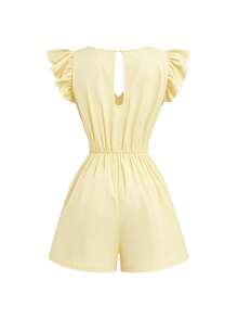 Selianne Women's New Woven Black V-Neck Flutter Sleeve Metal Button Decor Waist Cinched Casual Commute Jumpsuit - Yellow - View 2